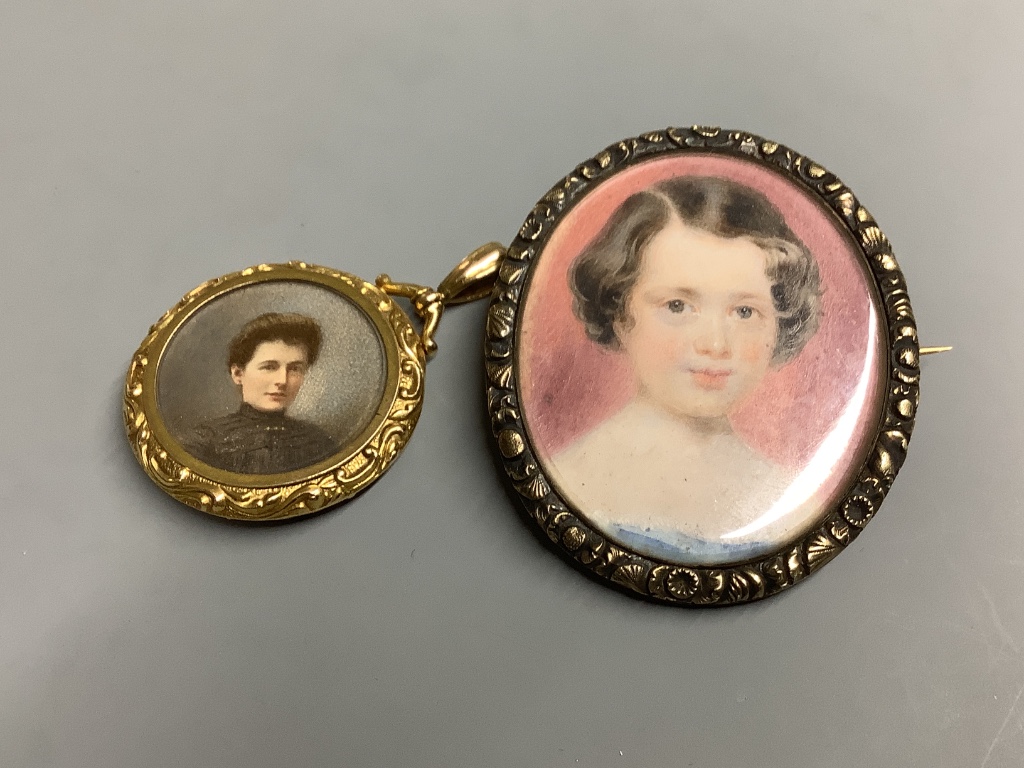 An 18ct mounted double sided miniature portrait pendant and one other gilt metal mounted similar oval brooch